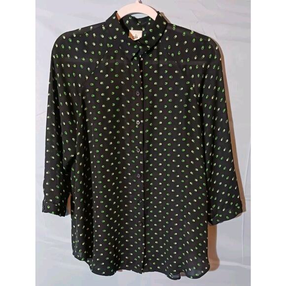 Cabi Womens XS Button Down Blouse Blue Geometric Top Sheer Career Classic Shirt - Picture 1 of 8